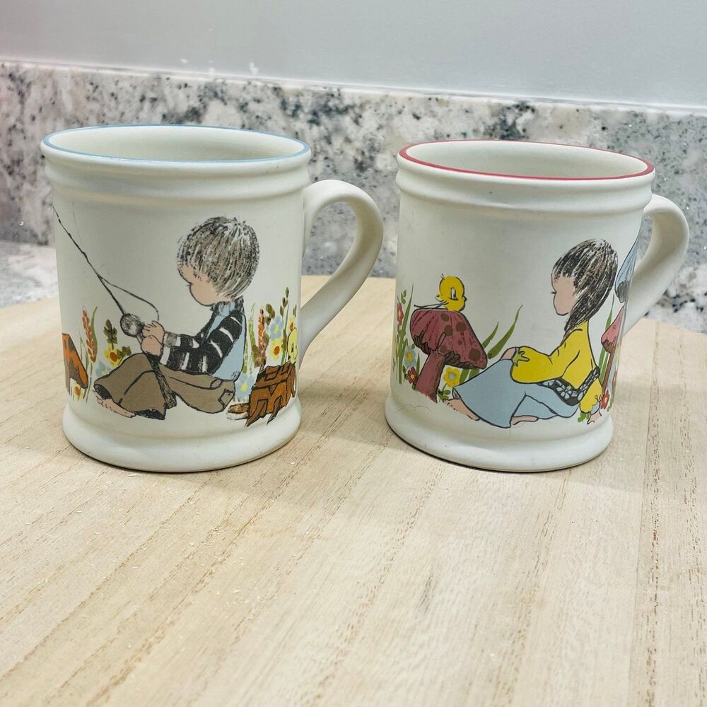 Denby Dream Weavers Children's Stoneware Mugs Boy Fishing Girl Mushrooms England